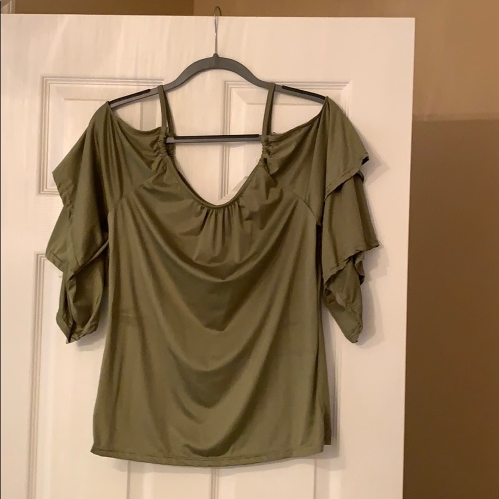 Olive Green Scalloped 3/4 Length Off Shoulder Top